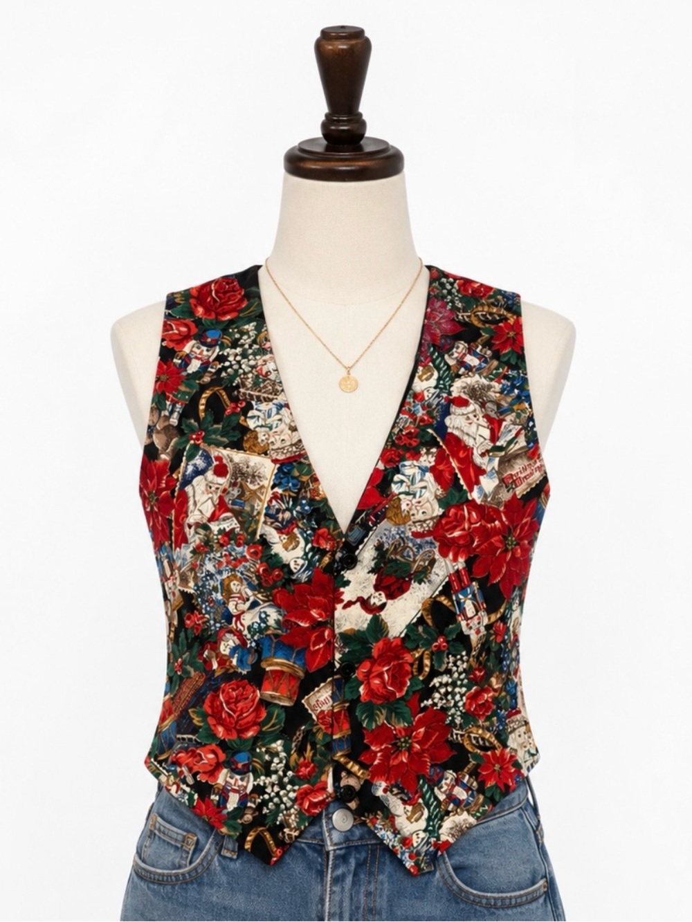 Holiday Patchwork V-Neck Vest - Red Multi